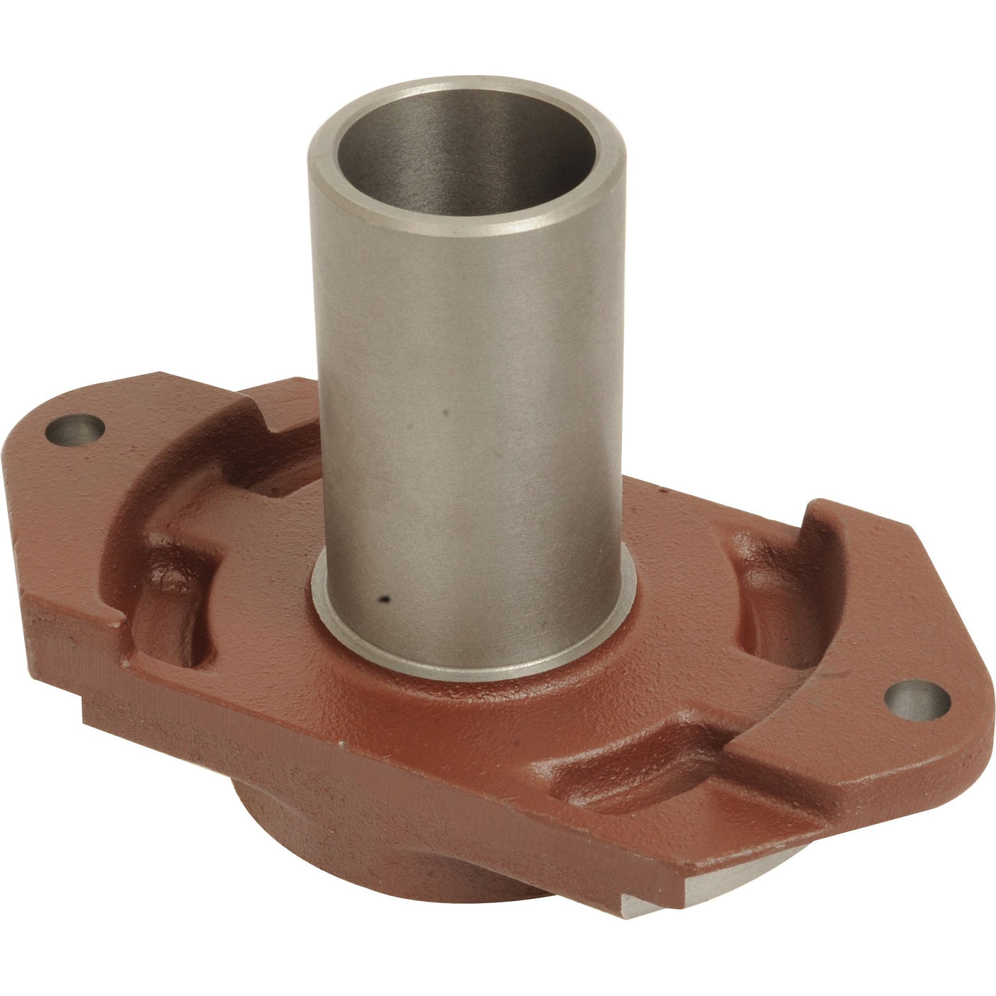 The Input Shaft Bearing Housing (Sparex Part No. S.107573) by Sparex features a metallic design with a cylindrical tube extending from a brown, rectangular base, similar to the input shaft bearing housings typically found in Fiat 450 and 480 models. The part includes mounting holes on both sides of the base.