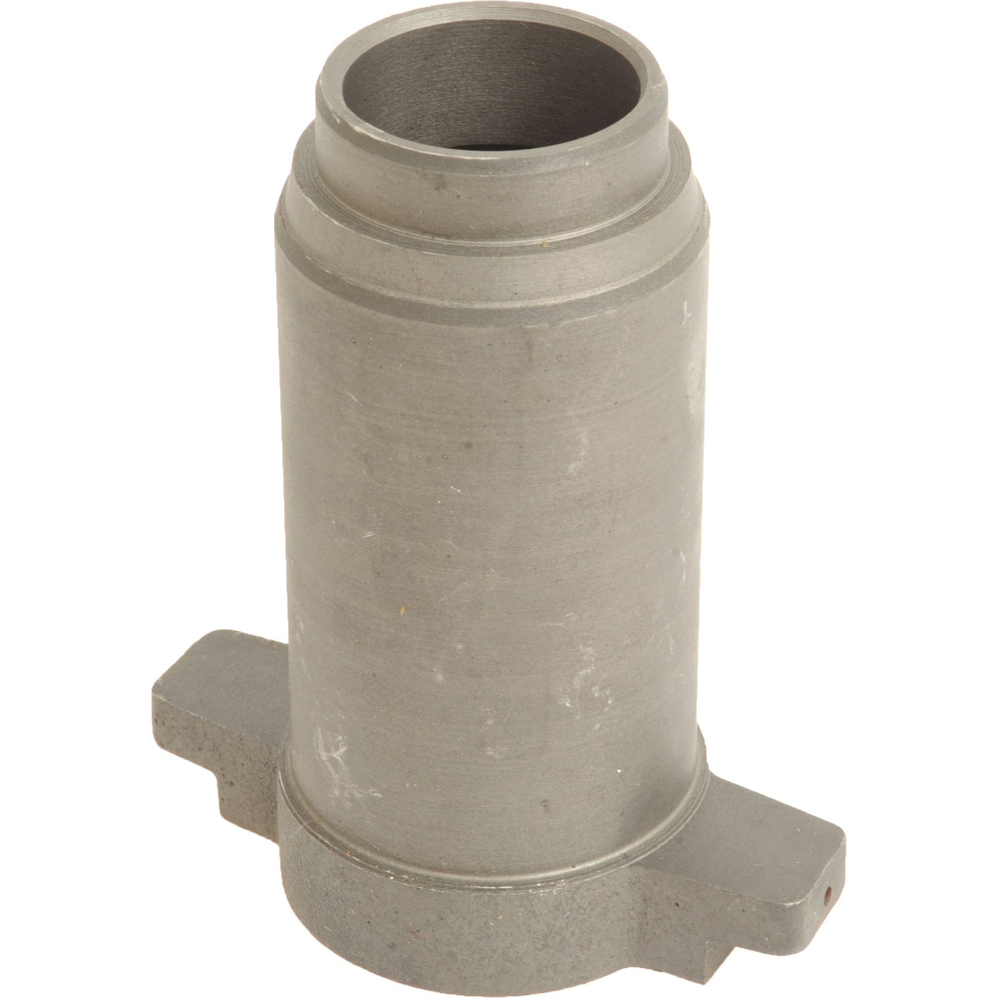 The Carrier - Clutch Release Bearing (Sparex Part No.S.107580) by Sparex is a cylindrical metal component featuring two flat extensions at its base. The open top reveals a hollow interior commonly used in International Harvester machinery, and the surface appears to be unfinished metal.