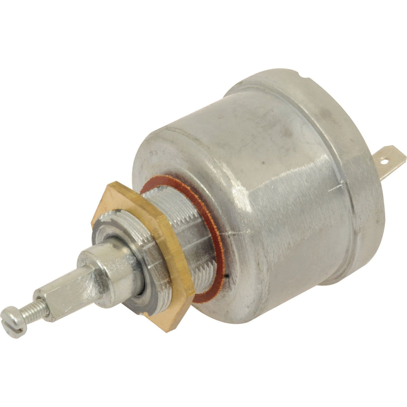 The Sparex PTO Switch (Sparex Part No. S.107588) is a metal cylindrical solenoid featuring a threaded bolt and nut on one end, along with a connector pin on the opposite end, designed for compatibility with Fiat models.