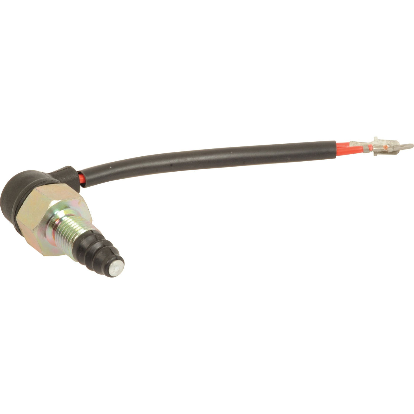 Introducing the Sparex Brake Light Switch (Part No. S.107592), a metal sensor featuring a threaded end and black wiring attached to a connector, designed for compatibility with Case IH and Ford New Holland tractors.