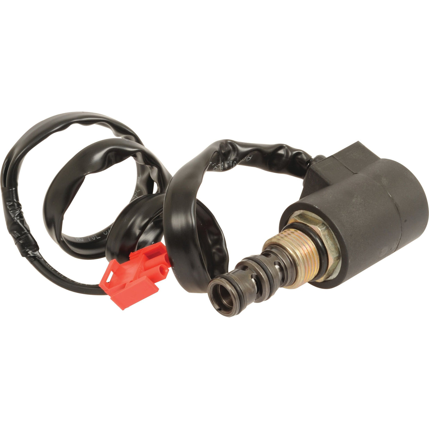 The Electro Valve (Sparex Part No. S.107595) from Sparex, featuring a coiled black wire and a red connector plug, is ideal for Case IH applications.