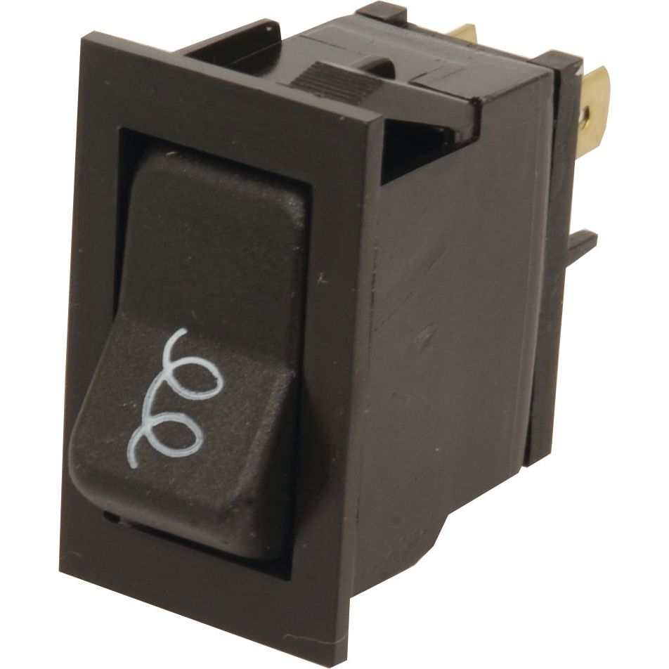 A Sparex black rocker switch, part number S.107596, with two terminals and a handwritten symbol on the actuator, designed as a Heater Plug Switch for Ford/New Holland equipment.