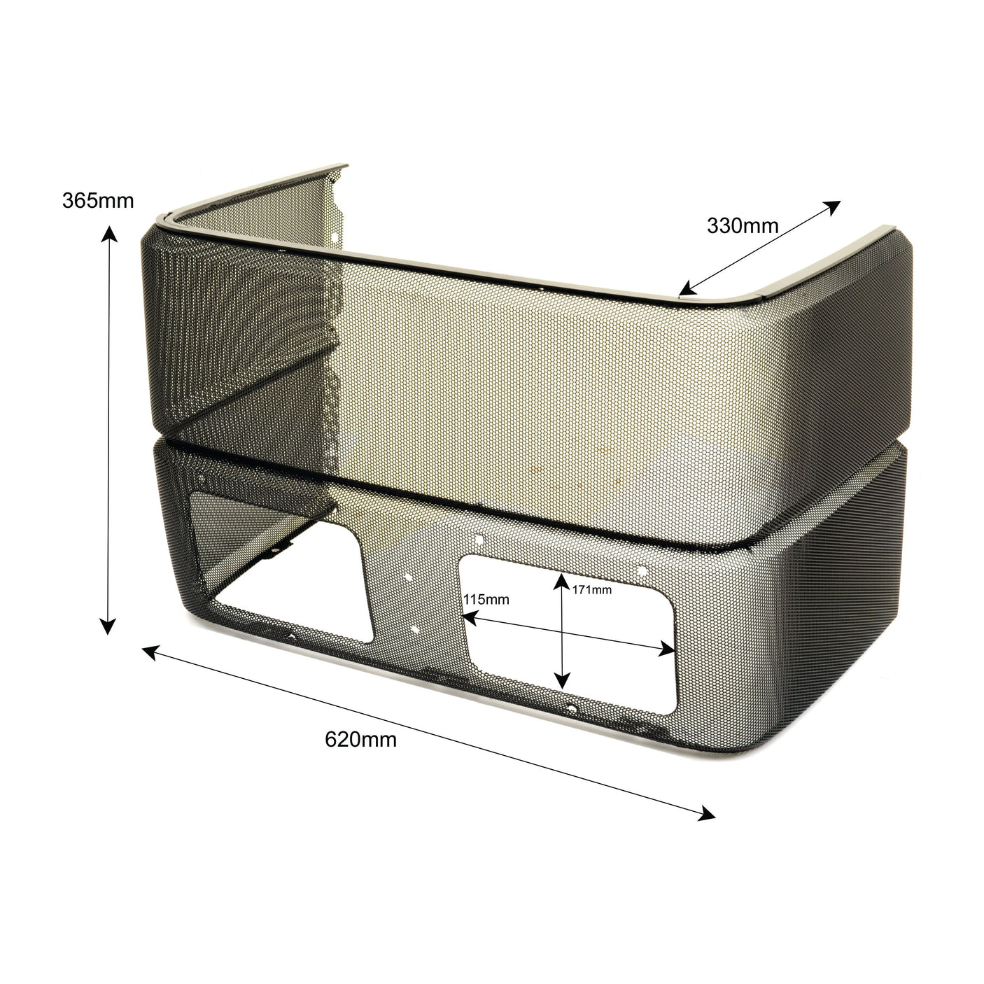 Two carbon fiber rectangular frames with measurements: 365mm in height, 330mm in depth, and 620mm in width. The bottom frame includes three cutouts with precise dimensions of 115mm and 117mm each. Perfect for applications such as the Fiat L60 front grille or similar configurations, this product is known as the Front Grille | Sparex Part No.S.107605 by Sparex.