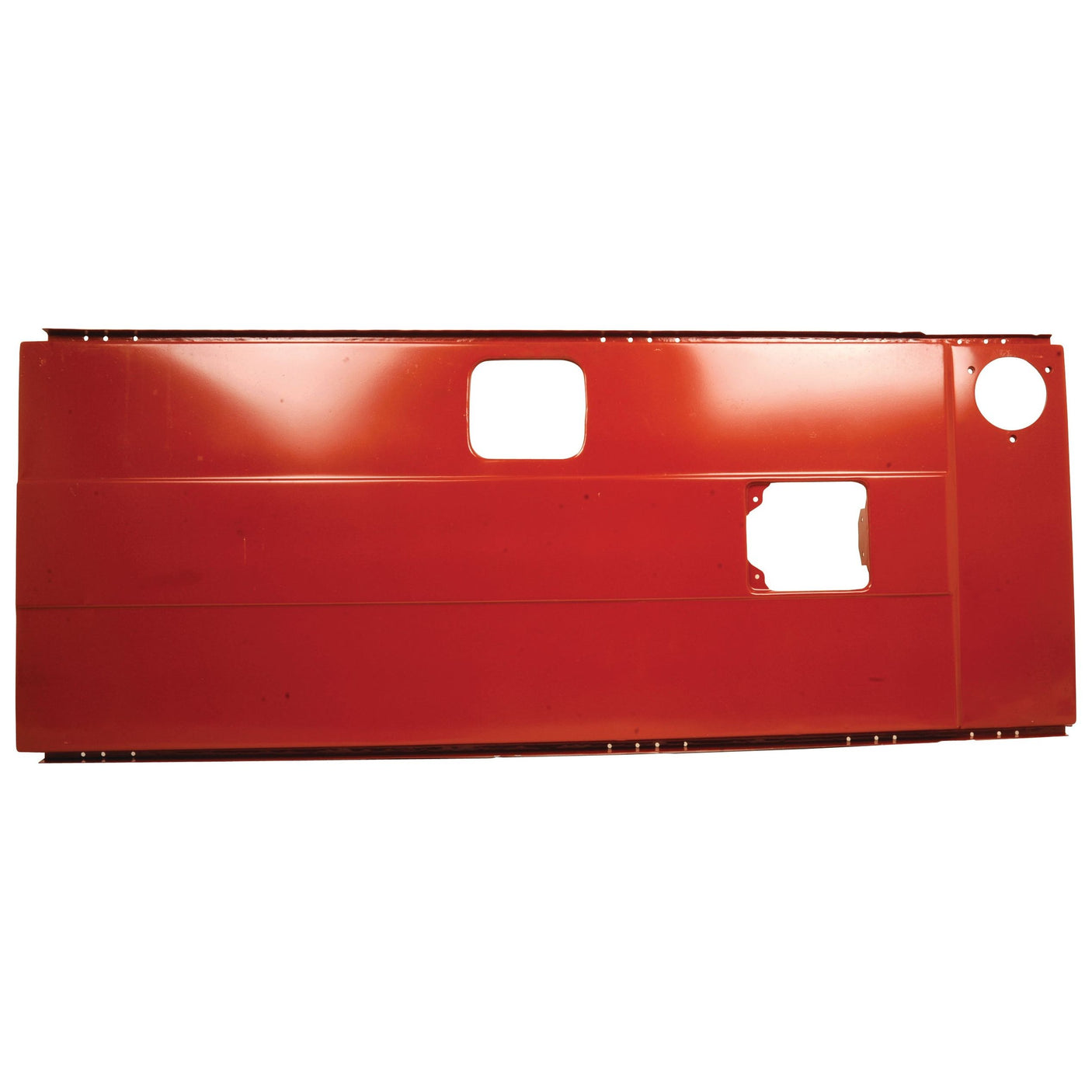 A rectangular, red metal panel with various cut-outs and notches designed for an unspecified purpose, fitting perfectly as the Sparex Bonnet, part number S.107610, for the Fiat 100-90.