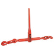 The Sparex Restraint Bar Ratchet (S.10769) is a red load binder featuring a ratcheting mechanism with two hooks on either end of a central handle, made from forged steel chain for added durability and reliability.