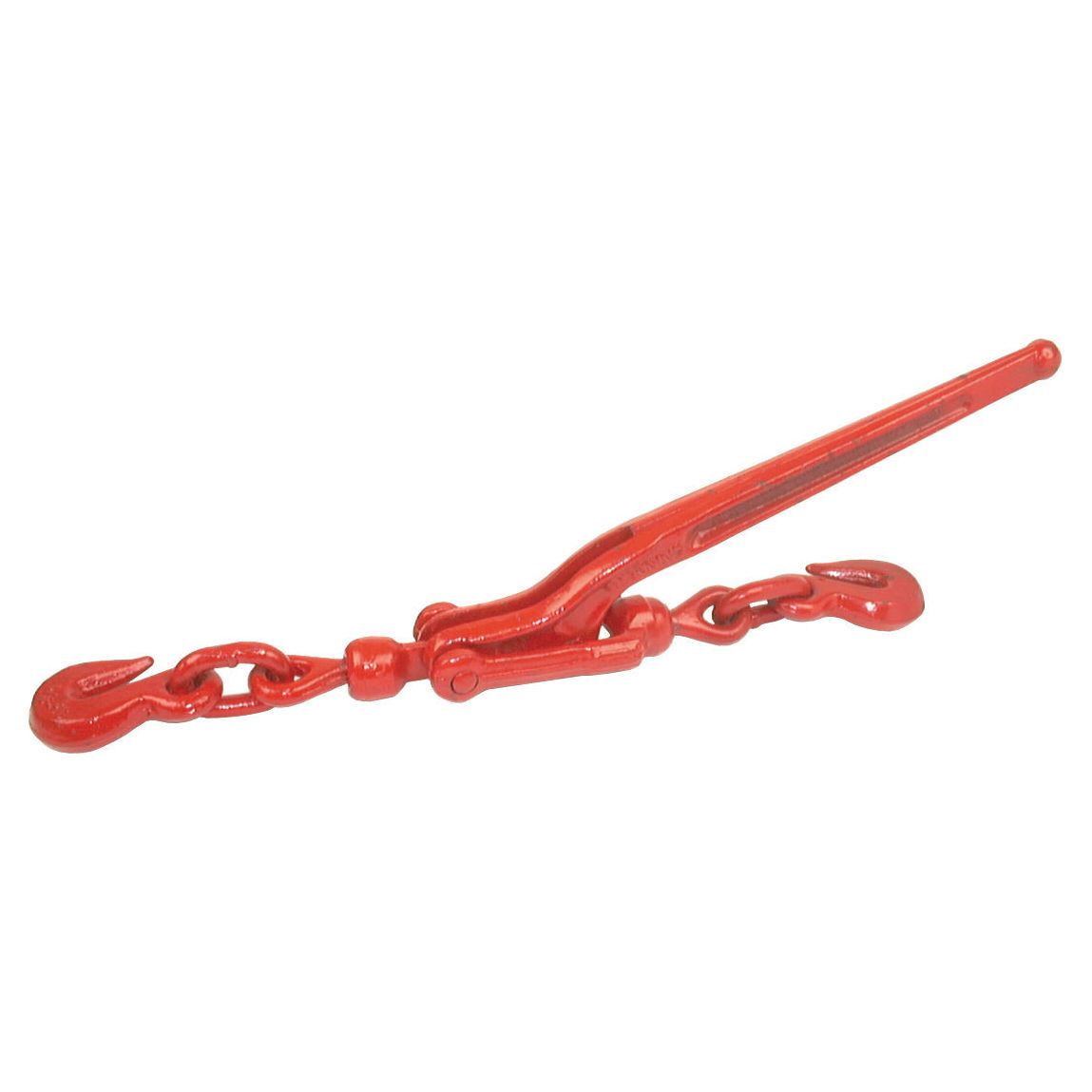 The Restraint Bar 5/16 - 3/8'' by Sparex, also known by its part number S.10770, is a red ratchet binder featuring hooks on each end and crafted from forged steel chain. It's designed for tightening chains and securing heavy loads with a safe working load of 2449 kgs and a breaking load of 8618 kg, ensuring maximum reliability.