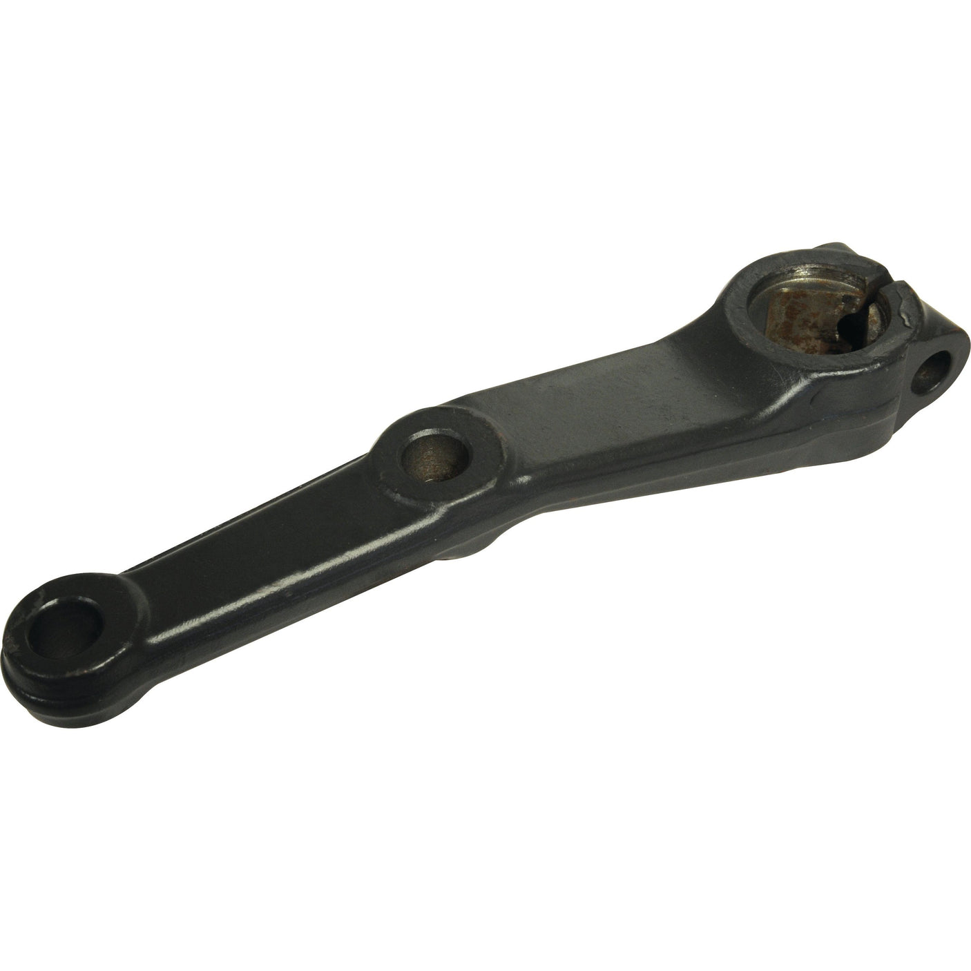 A metal mechanical lever, known as the Steering Arm Left (2WD) with Sparex Part No. S.107889, features a hole at each end and is commonly used as a component in machinery or vehicles manufactured by brands such as Ford / New Holland.