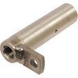 Power Steering Cylinder by Sparex (Sparex Part No.S.107897): A metal cylindrical component featuring a bracket at one end and a threaded hole, designed for Ford / New Holland applications.