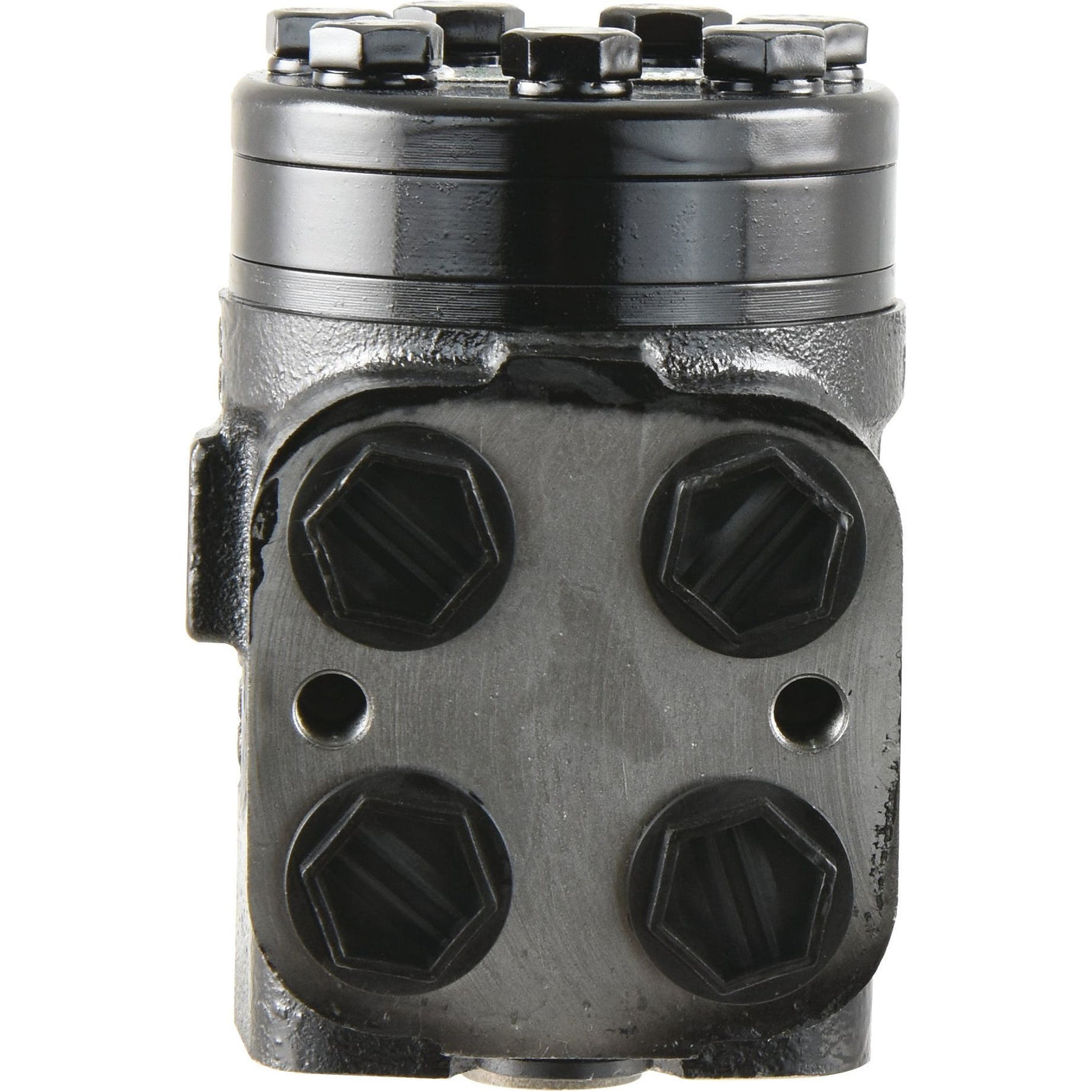 The Orbital Steering Unit, Sparex Part No. S.107902, by Sparex is a metal hydraulic steering control valve for Fiat 2WD models, featuring four hexagonal bolt heads and a black cylindrical top.