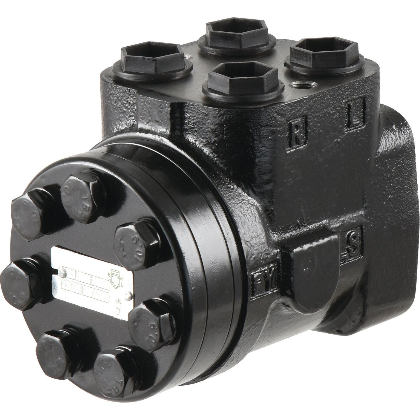 Close-up of the Sparex Orbital Steering Unit (Part No. S.107902), a black hydraulic control unit featuring six large bolts on the front and four on the top, designed for heavy machinery and industrial applications, and compatible with Fiat models.