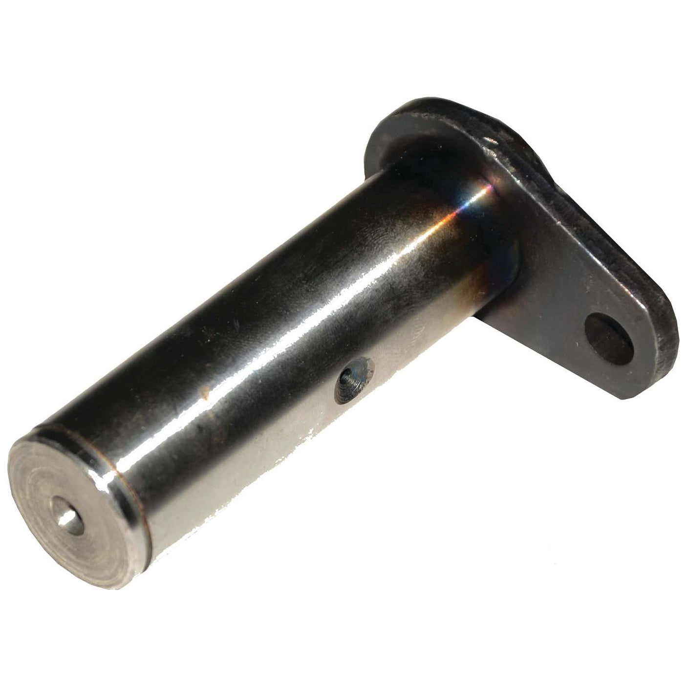 The Twin Steering Cylinder Outer Pin (4WD) from Sparex, Sparex Part No.S.107915, is a cylindrical metal pin featuring a flat, perforated mounting plate on one end, specifically designed for use in Case IH 4WD machinery.