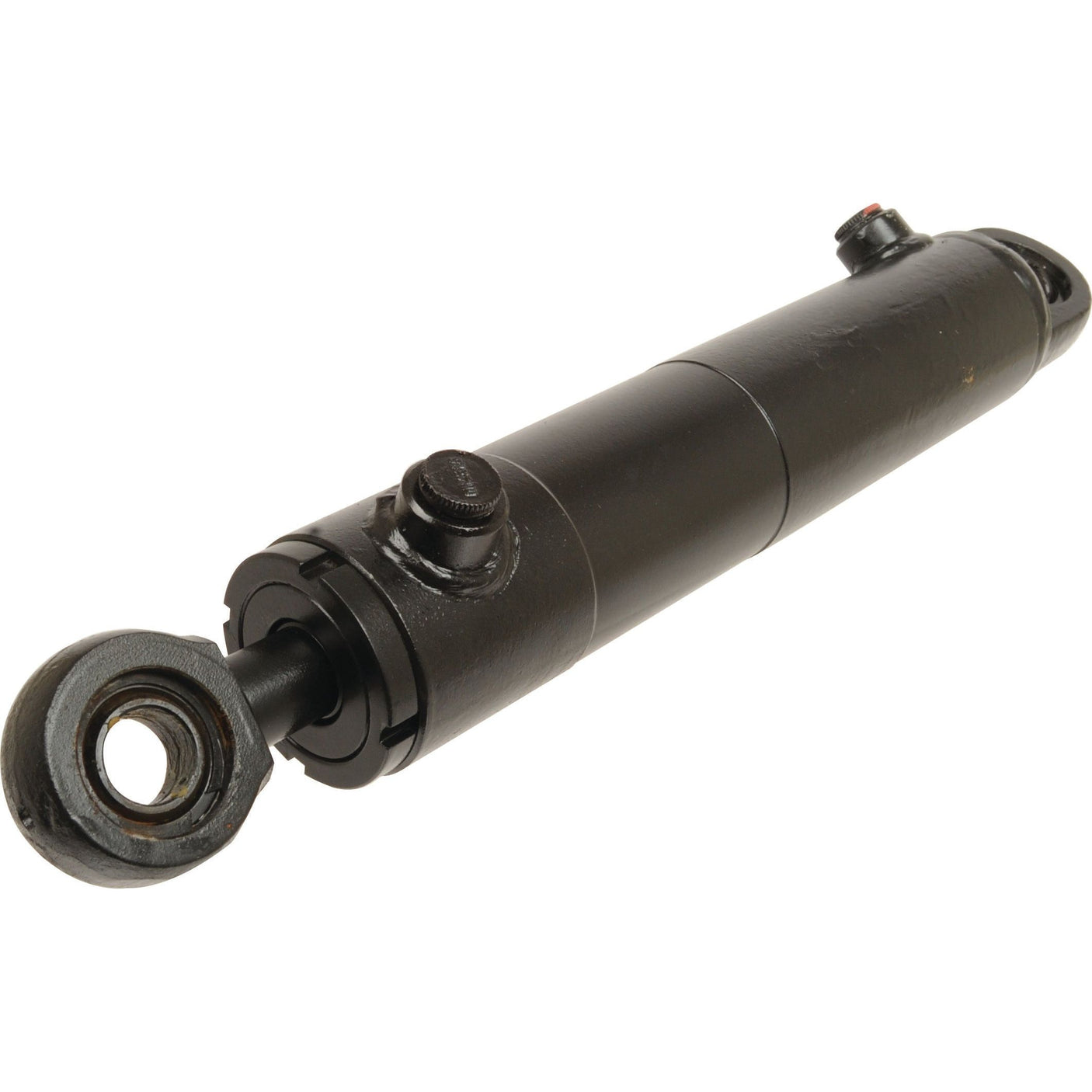 Image of the Sparex Steering Cylinder (Part No. S.107951), showcasing a black cylindrical body with two mounting points and an attached piston rod, perfect for use on models like the Fiat 100-90.