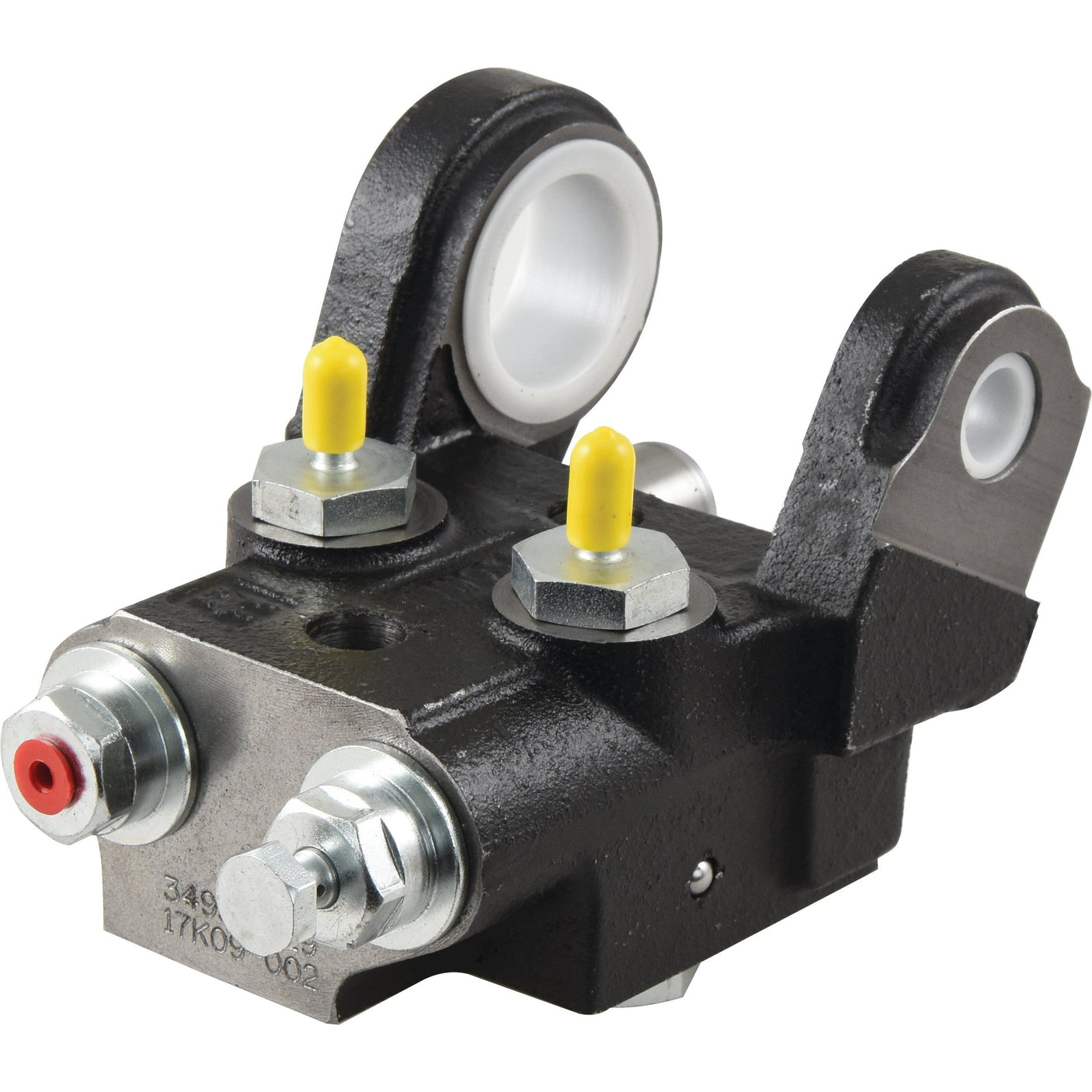 Brake Master Cylinder | Sparex Part No.S.107991 boasts dual yellow caps, two attachment points on top, multiple ports for hose connections, and is fully compatible with Sparex parts.