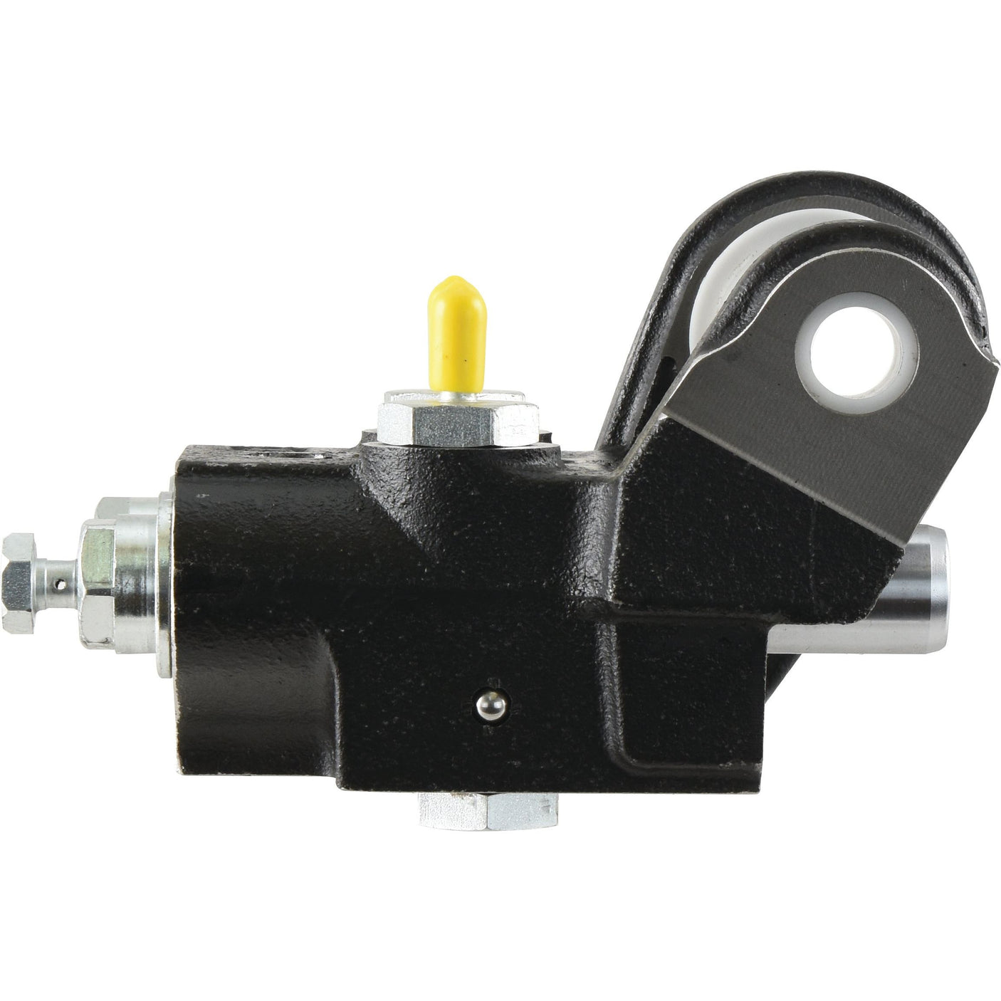 Close-up of the Brake Master Cylinder (Sparex Part No. S.107991) in black and silver, featuring a yellow pin and a mounting bracket, suitable for Fiat 100-90.