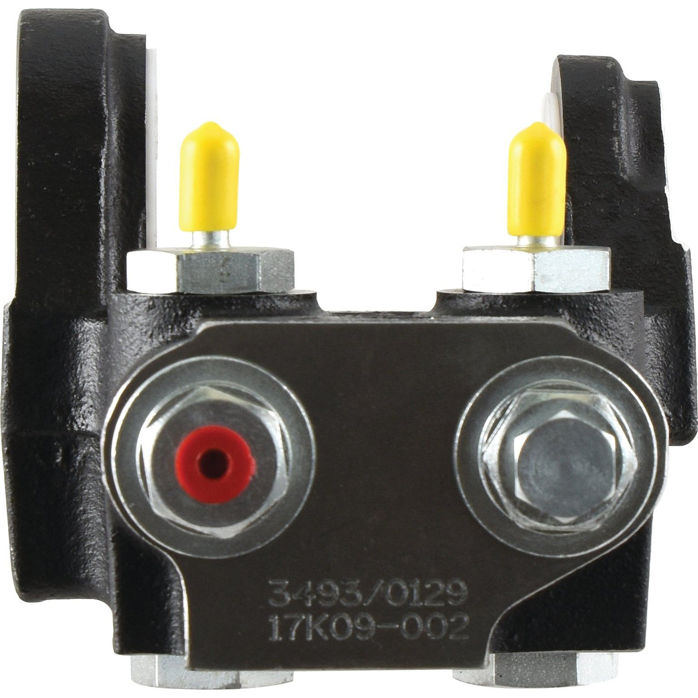 A Sparex Brake Master Cylinder (Sparex Part No. S.107991), a metal mechanical component with two yellow-tipped cylindrical protrusions and hexagonal bolts, marked "3493/0129" and "17K09-002," suitable for a Fiat 100-90.