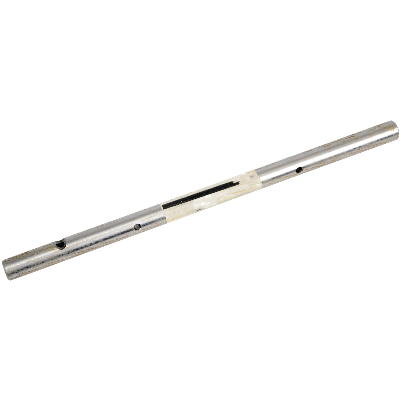 A cylindrical metal rod with holes and a rectangular slot along its length, resembling a selector fork, compatible as the Main Shaft (Sparex Part No.S.107995) for Fiat machinery by Sparex.