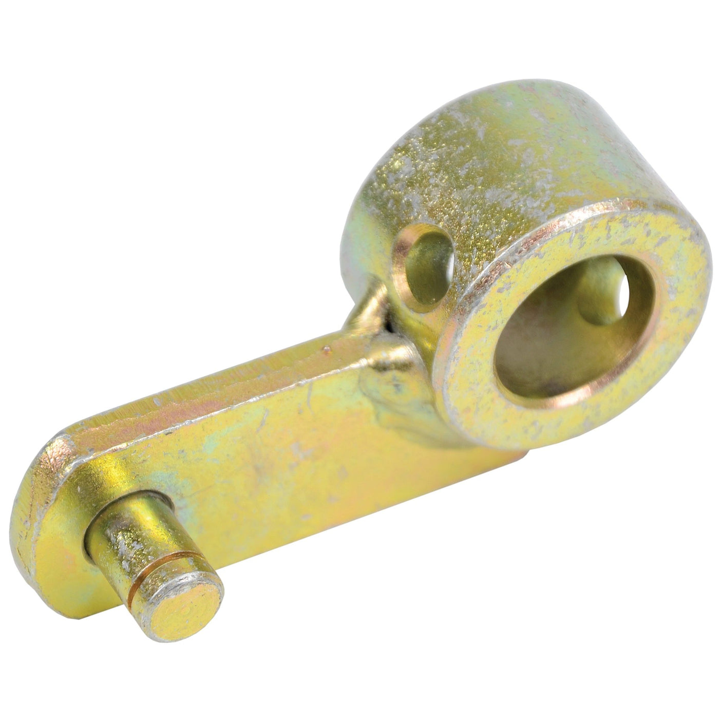 A Sparex Lever (Part No. S.108014) is a metal mechanical component featuring a cylindrical hole on one end and a smaller protruding pin on the other, with a yellowish finish. Compatible with Ford/New Holland machinery.