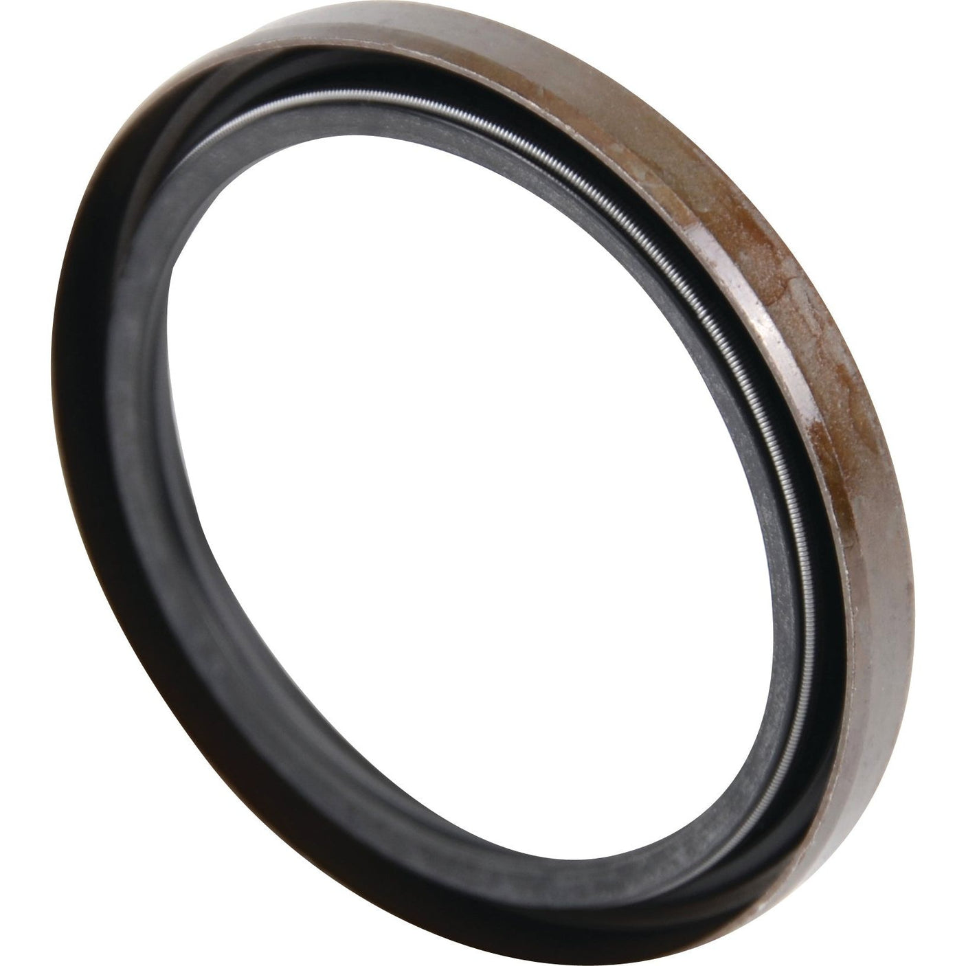 A close-up view of the Sparex Seal | Sparex Part No. S.108036, a circular rubber oil seal with metal reinforcement, shown on a white background. Perfect for use in New Holland and International Harvester machinery.