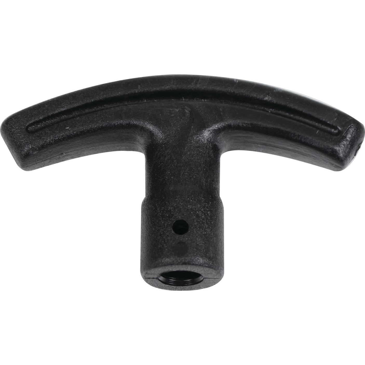 The Handle Grip (Sparex Part No. S.108069) from Sparex is a black, T-shaped plastic handle featuring a threaded hole at the base, ideal for use with Fiat and Case IH equipment.