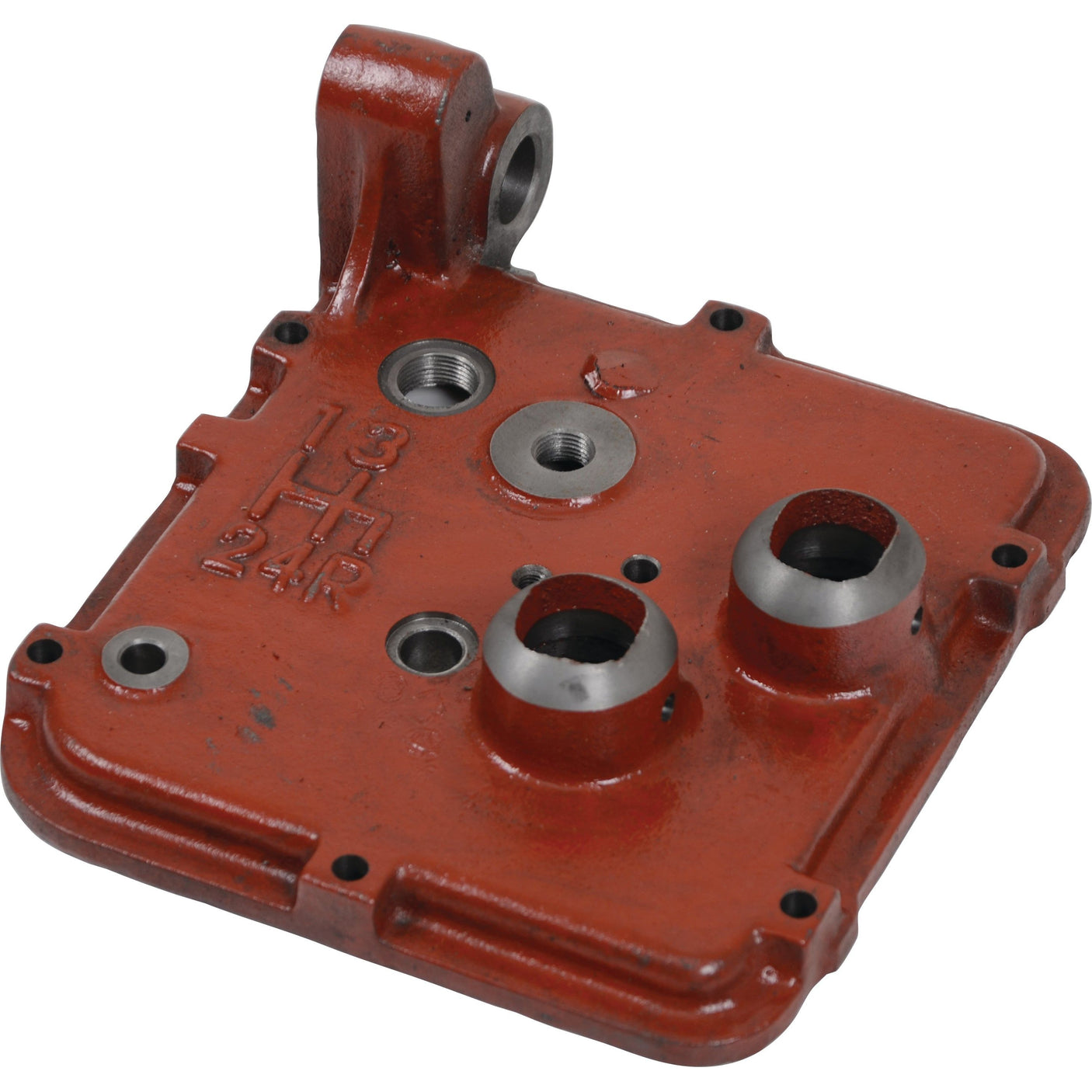 Product: Transmission Top | Sparex Part No. S.108086, a red metal component featuring multiple holes and mounting points, along with raised text and numbers on its surface. Compatible with Fiat 540, this product is offered by the brand Sparex.