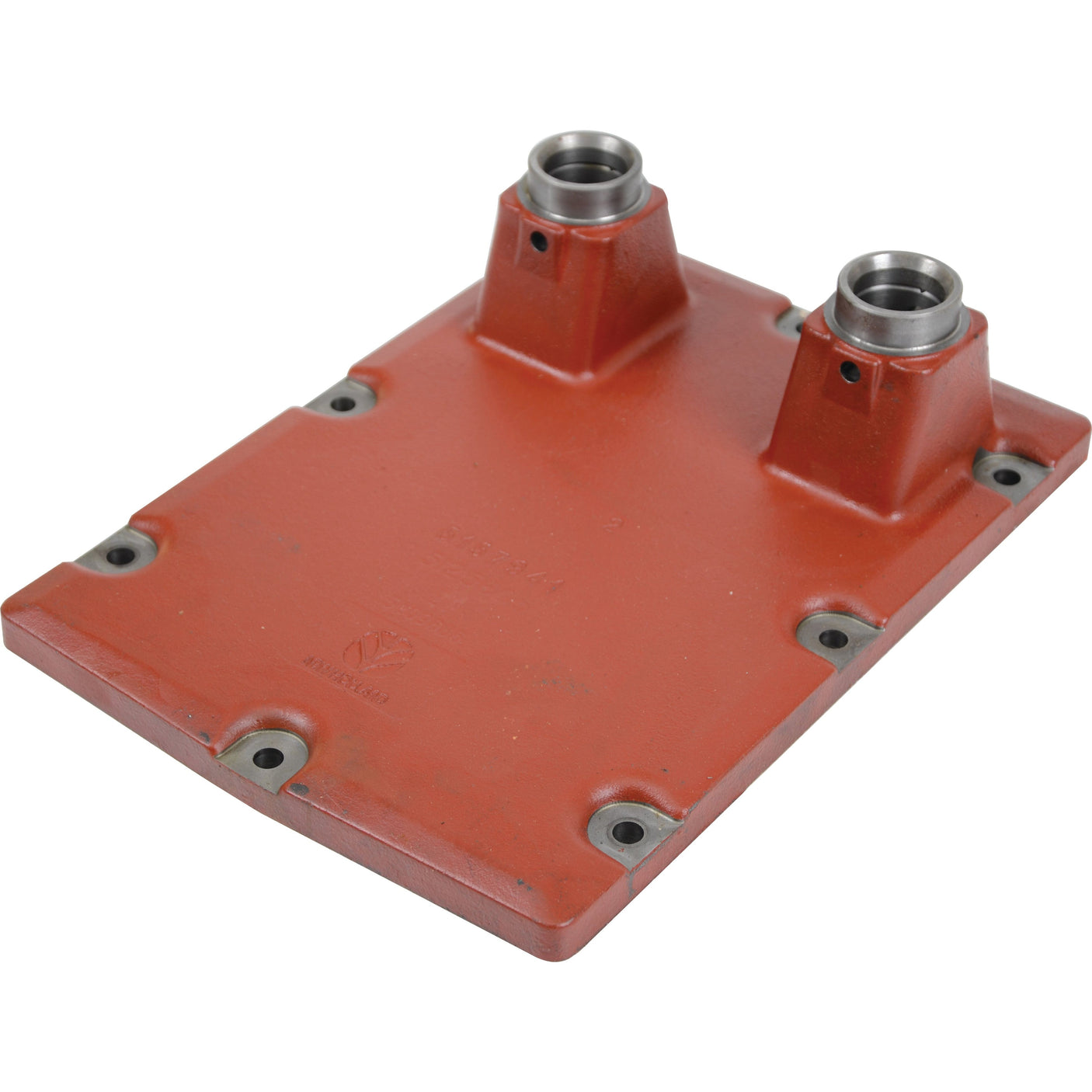 Sparex Transmission Top (Sparex Part No.S.108086) is a red metal plate featuring two elevated cylindrical components and multiple bolt holes around the edges, designed for use with a Fiat 540 transmission.