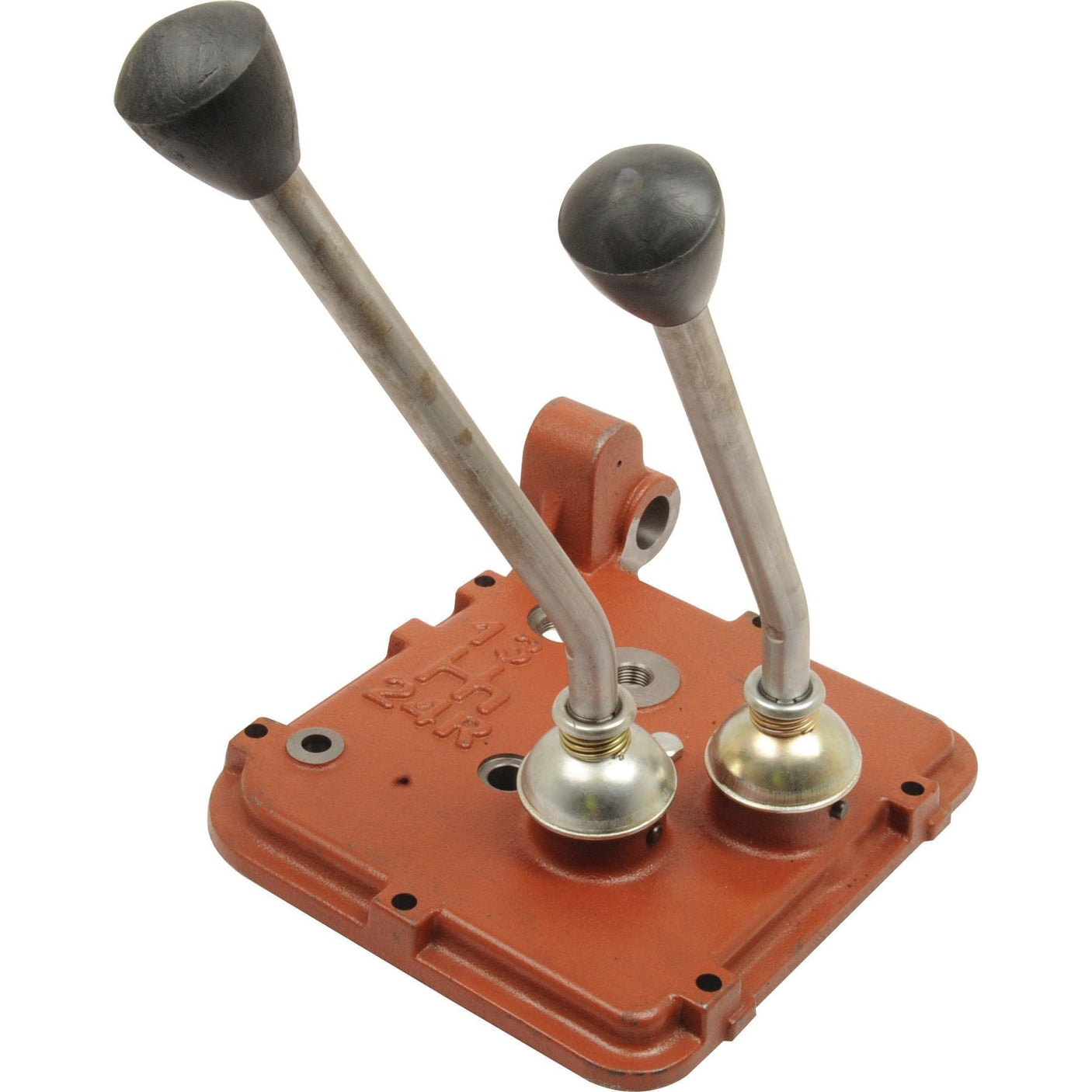 Image of the Sparex Transmission Top Assembly (Sparex Part No. S.108087) featuring two metal levers mounted on a red base, with black round handles at the ends.