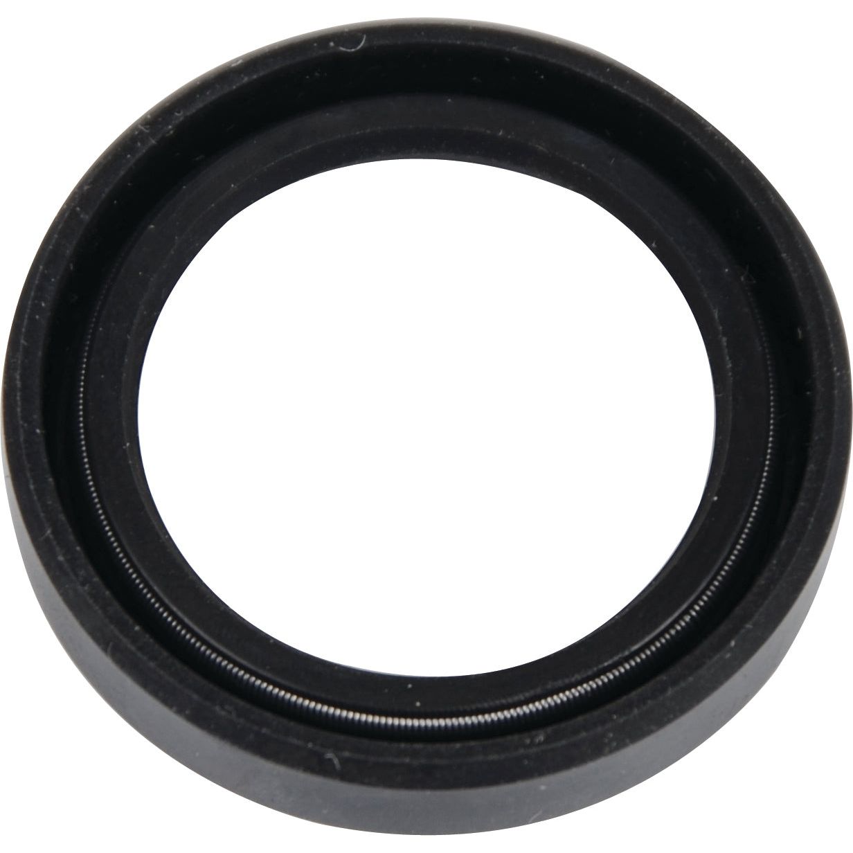 A black circular rubber oil seal with a visible metal spring inside the inner edge, compatible with Case IH and Fiat 580, from Sparex: Seal | Sparex Part No. S.108098.