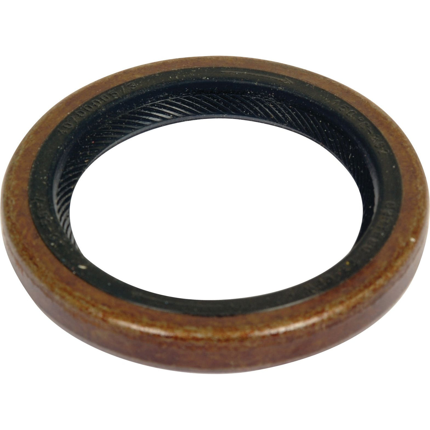 Close-up of the Seal by Sparex, part number S.108106, featuring a brown outer rim and a black inner ring. This circular oil seal is designed to prevent lubricant leakage and dirt ingress in mechanical systems, often used in Ford/New Holland tractor parts.