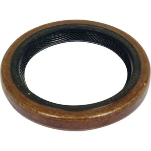 Close-up of the Seal by Sparex, part number S.108106, featuring a brown outer rim and a black inner ring. This circular oil seal is designed to prevent lubricant leakage and dirt ingress in mechanical systems, often used in Ford/New Holland tractor parts.