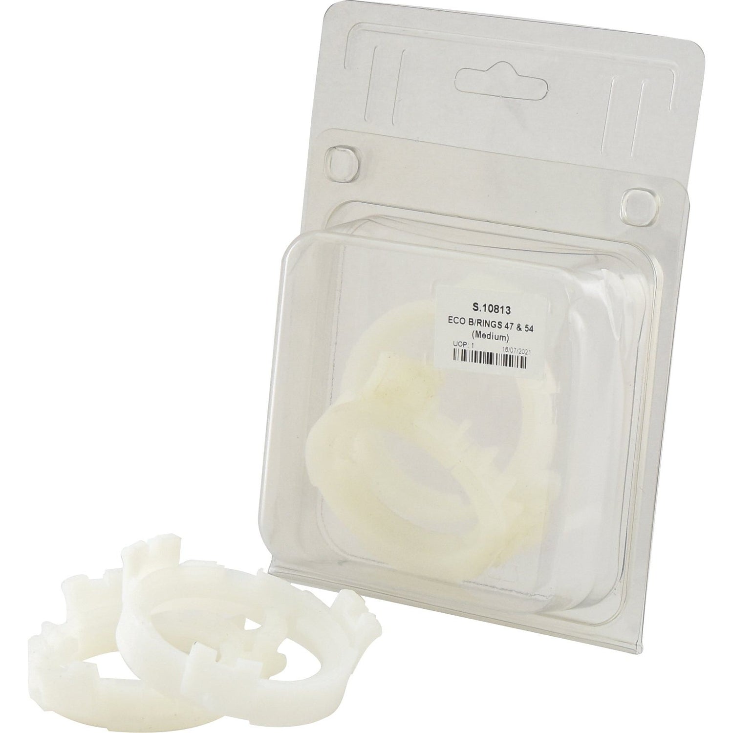 The plastic packaging, identified as Sparex Part No. S.10813 from the Italian Series, contains several translucent circular components with notches tagged as ECO B/RINGS 47 & 54 (Medium), along with three identical pieces located outside the package.