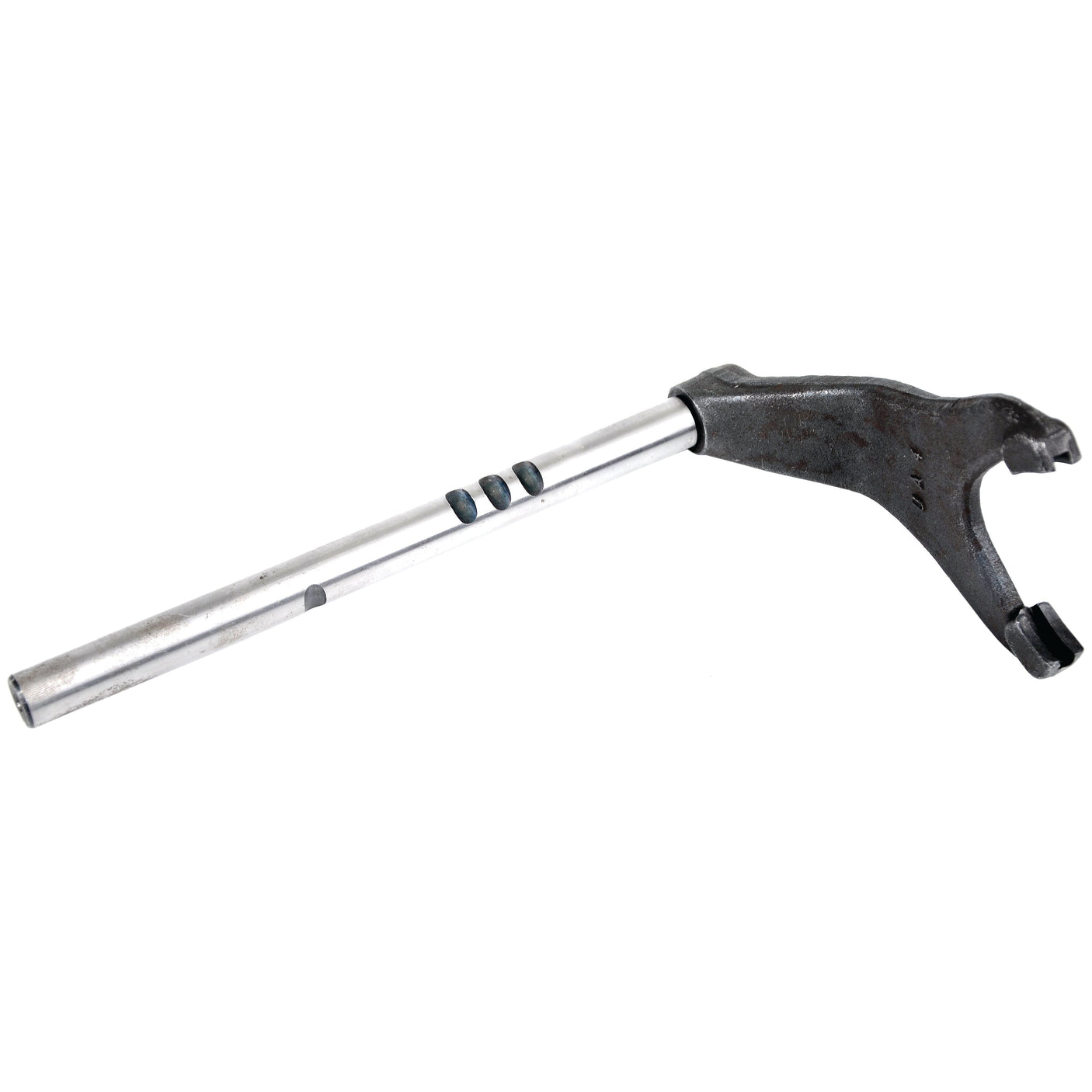 The Sparex Selector Fork | Sparex Part No. S.108150, a metal clutch fork with an attached cylindrical rod, shows signs of wear on the fork's surface and is ideal for Ford/New Holland tractors.