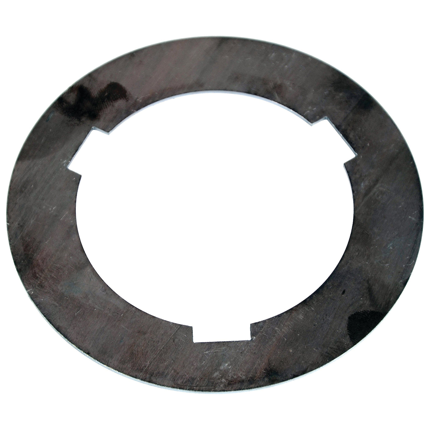 The Plate (Sparex Part No.S.108161) by Sparex is a circular metal washer, compatible with Case IH and Ford New Holland equipment, featuring three notches evenly spaced around its inner edge.