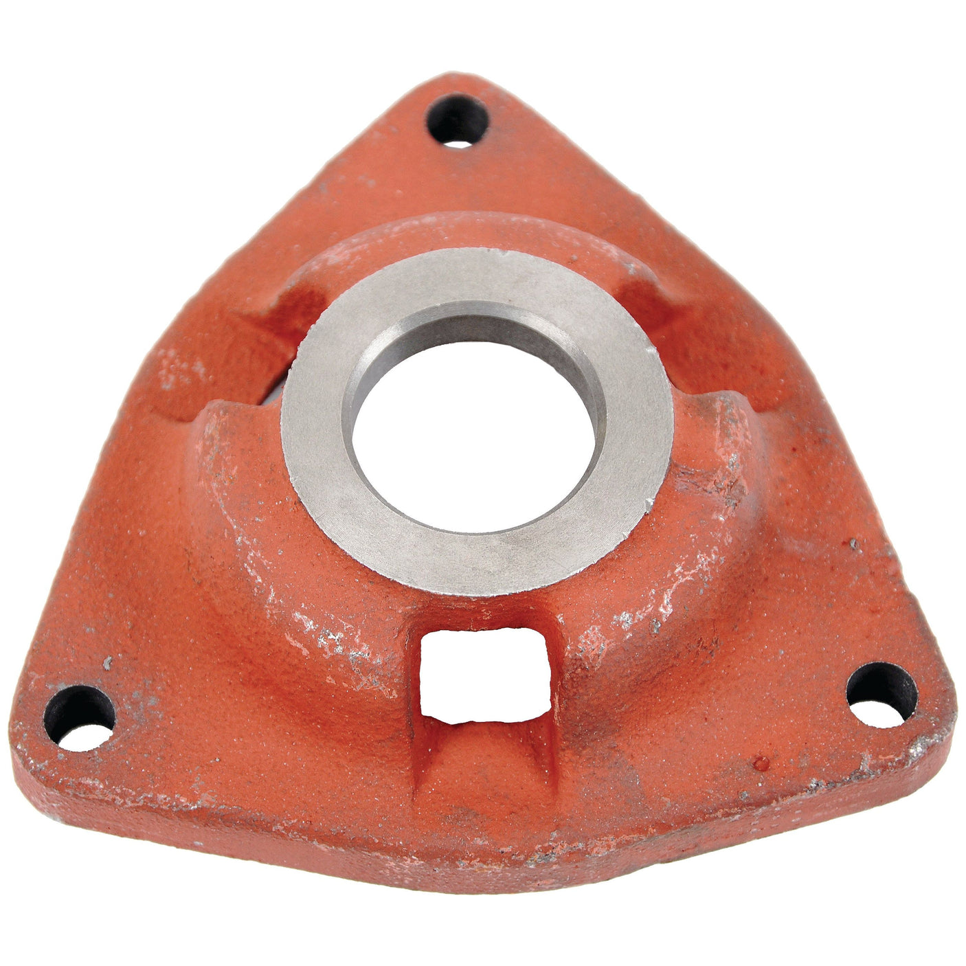 Close-up image of a rust-colored, triangular metal part with a circular opening in the center and three mounting holes, ideal for Ford New Holland machinery. Product: Cover | Sparex Part No.S.108175 by Sparex.