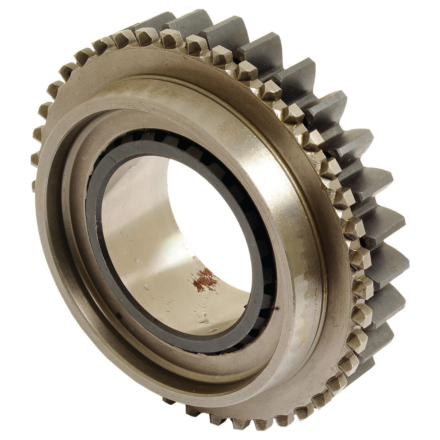 Close-up of a Sparex Transmission Gear (Sparex Part No.S.108229) with straight teeth and a central hole, showing slight wear and a small area of rust—ideal for vintage machinery like the Fiat 780.