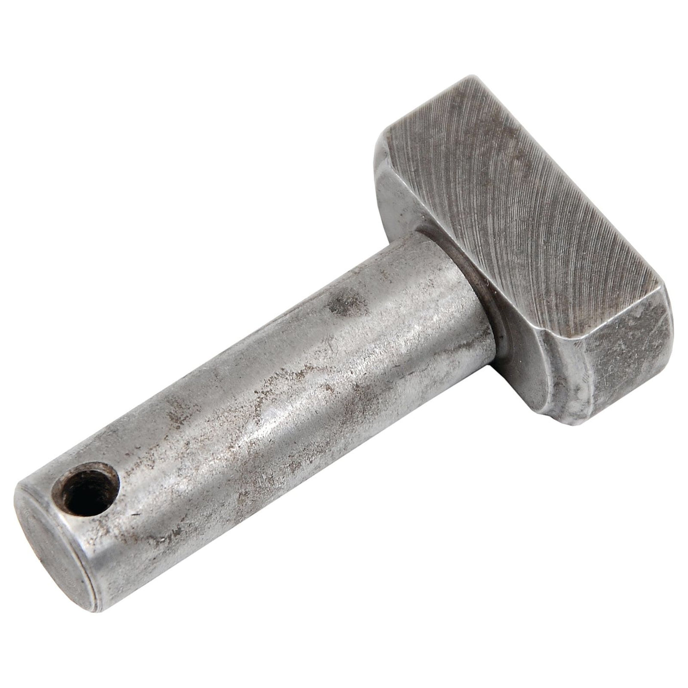 A metallic T-shaped bolt with a cylindrical shaft and a rectangular head, featuring a small hole near the end of the shaft, is compatible with Case IH equipment. This is known as the Pad, identified by Sparex Part No. S.108249 from the brand Sparex.