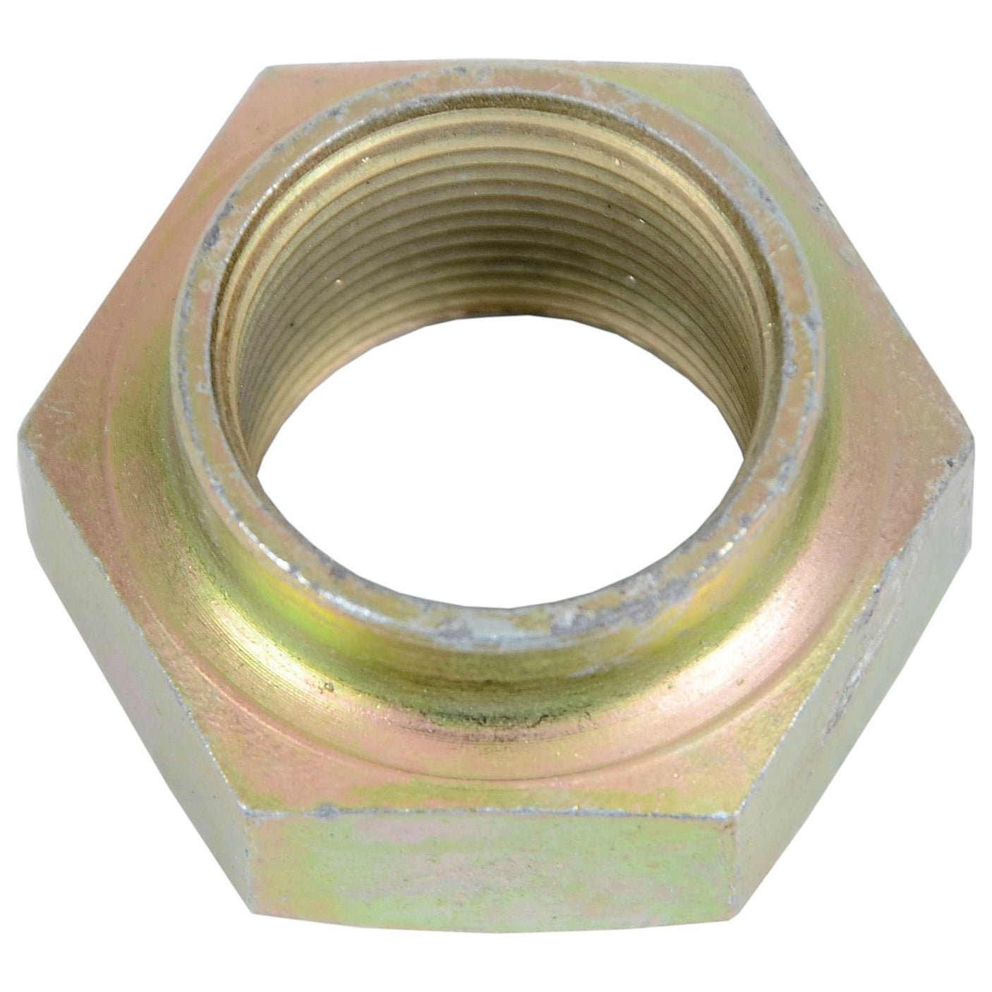 A metallic hexagonal nut, like the Sparex Counter Shaft Nut (Part No. S.108267), with internal threading is commonly used in fastening applications, particularly for Case IH machinery.