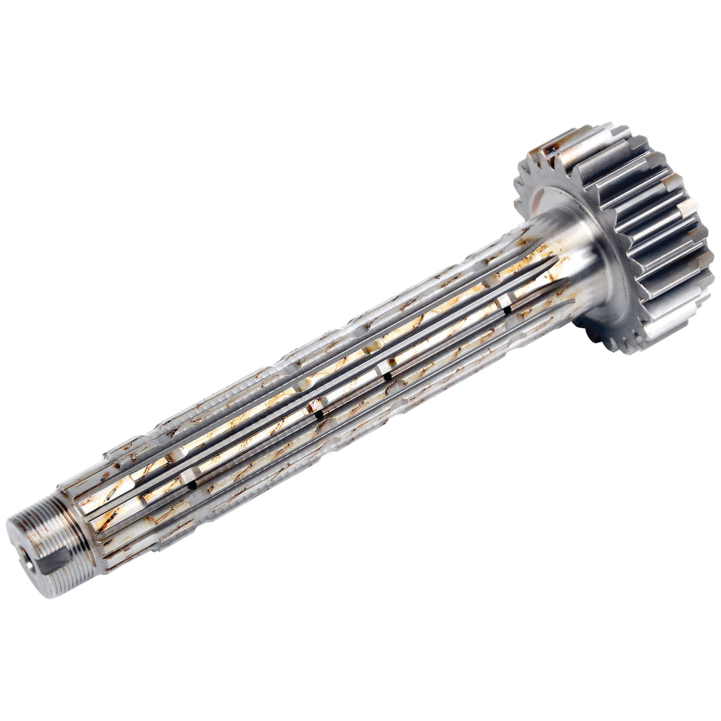 The Drive Shaft Tube, Sparex Part No. S.108268 by Sparex, includes a metal splined shaft with an attached gear on one end, showing signs of rust on the splines, designed specifically to fit within a Fiat 100-90.