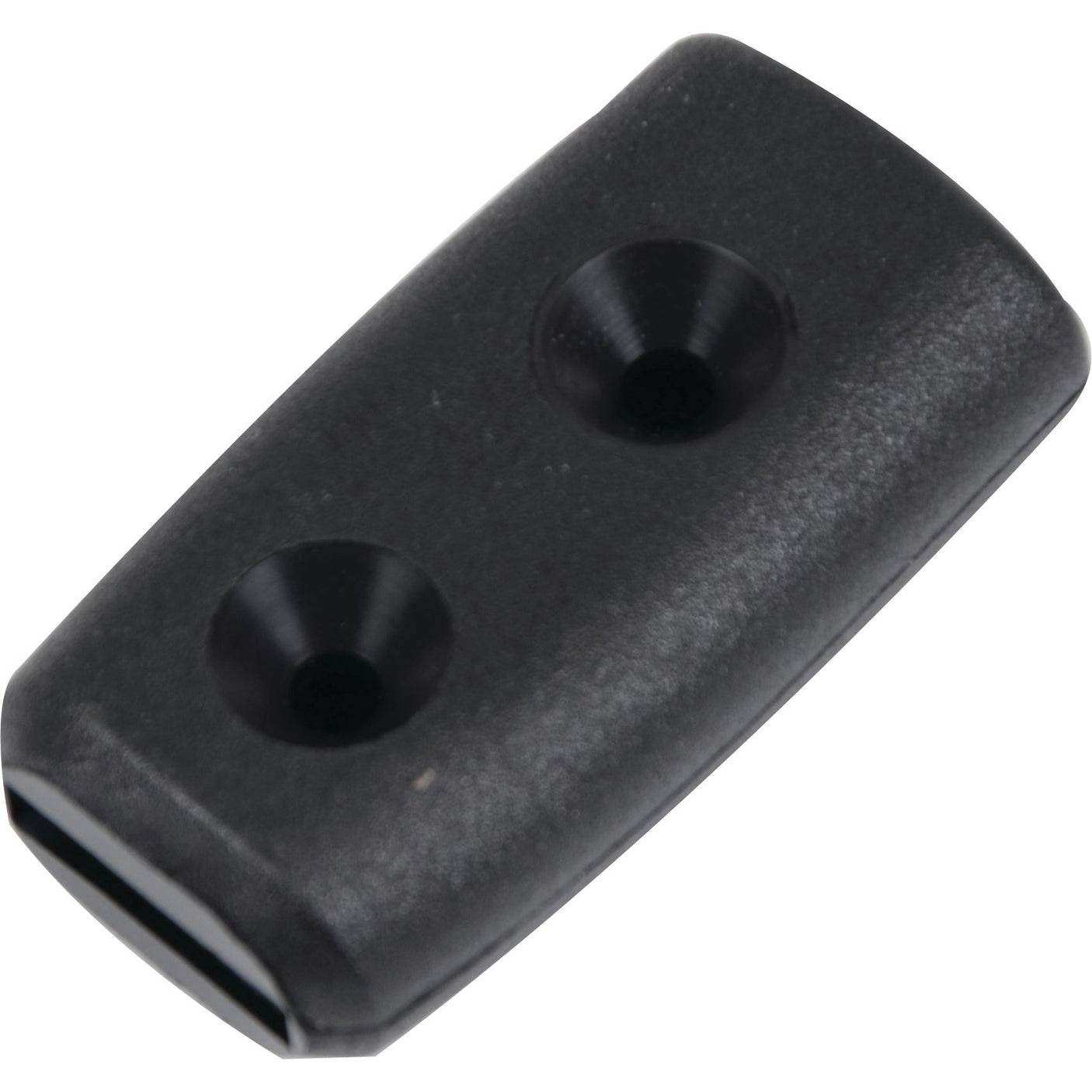 A black, rectangular plastic piece with two round holes, perfect for integrating into a Fiat's hydraulic lift knob or customizing your Case IH equipment. Check out the Hydraulic Lift Knob | Sparex Part No. S.108332 by Sparex!