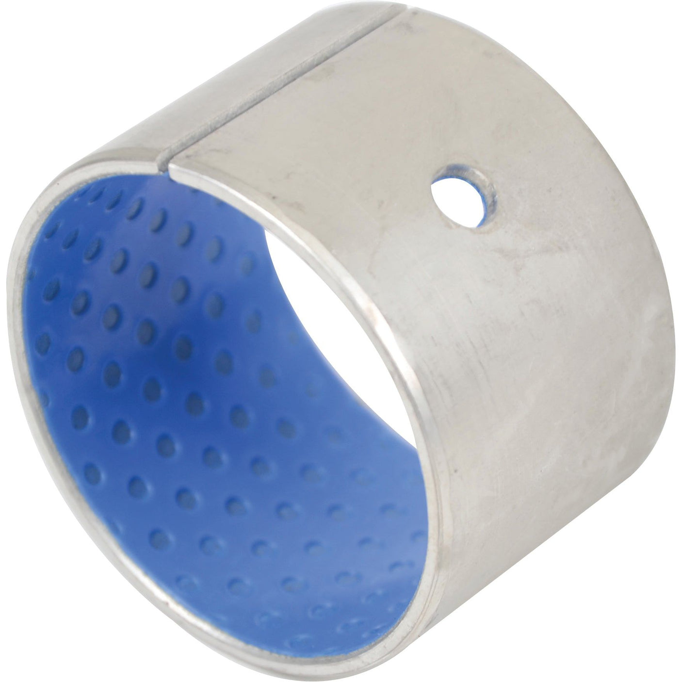 A cylindrical metal bushing with a blue perforated interior and a single hole on the outer surface, compatible with Hydraulic Cross Shaft systems in Fiat and Case IH machinery, is available as Bush | Sparex Part No.S.108343 from the brand Sparex.