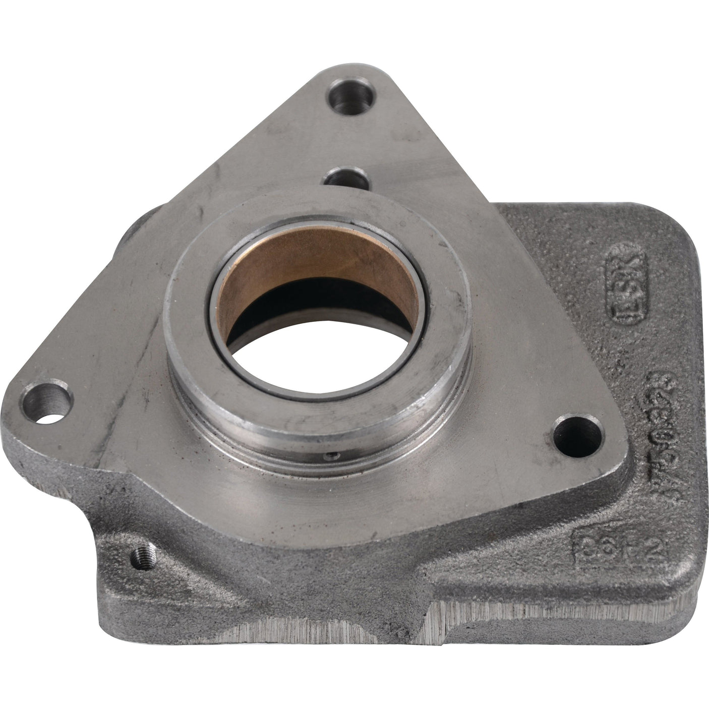 A Sparex Support (Part No. S.108369) metal bearing housing with a triangular shape, featuring three bolt holes and a central hollow cylindrical section, compatible with Fiat and Case IH machinery.