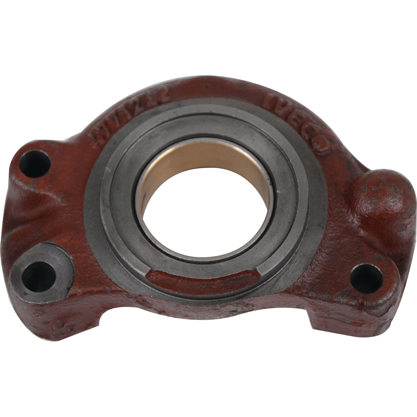 The Support by Sparex, part number S.108370, is a red metal bearing housing featuring two screw holes and a central circular metallic bearing, making it ideal for Fiat machinery.