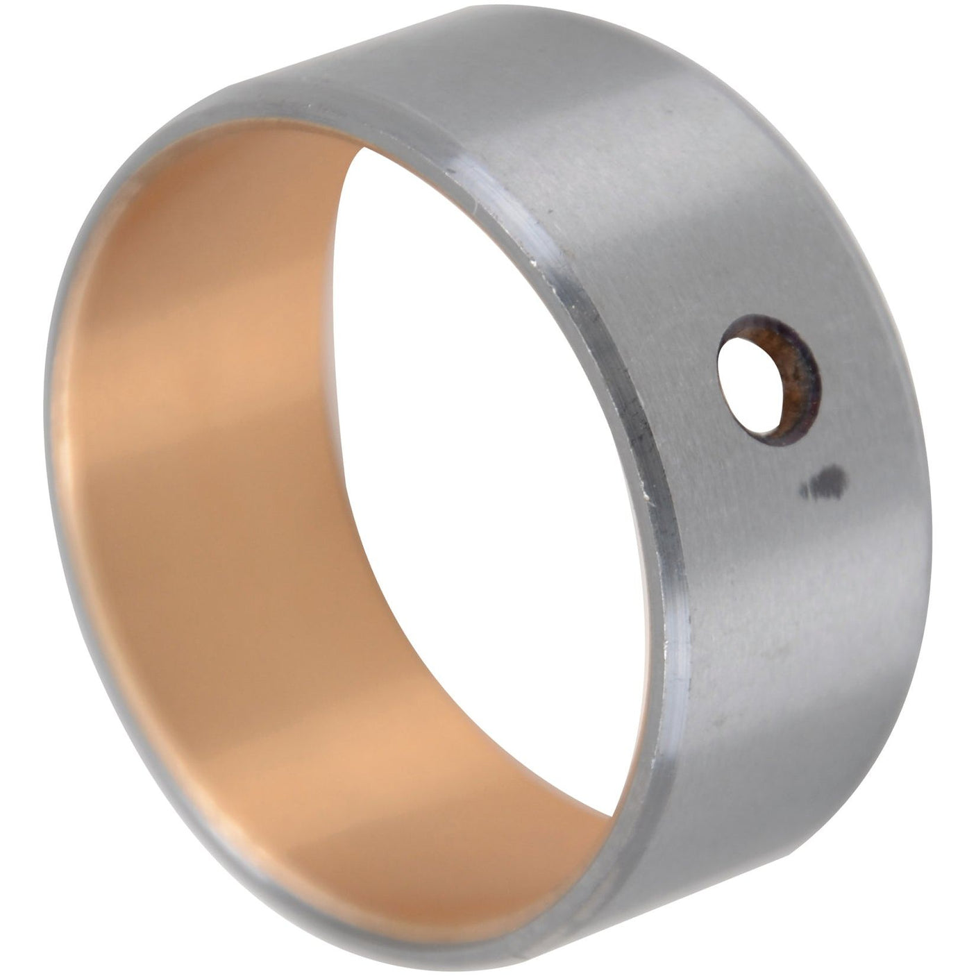 The Sparex Bush (Sparex Part No. S.108371) is a metal cylindrical ring with a smooth silver exterior and a copper-colored interior, featuring a small circular hole on one side, and is compatible with Case IH hydraulic pump support systems.