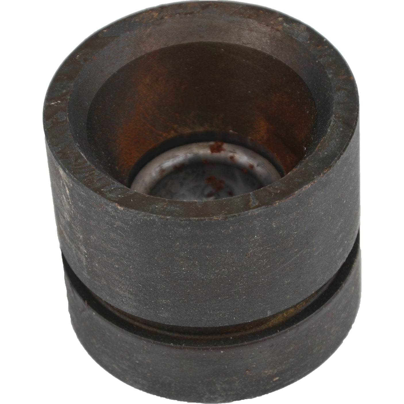 A cylindrical metal piston with a hollow center and a visible groove around its outer middle, resembling the Sparex Hydraulic Piston | Sparex Part No. S.108394, shows signs of wear with some rust inside.