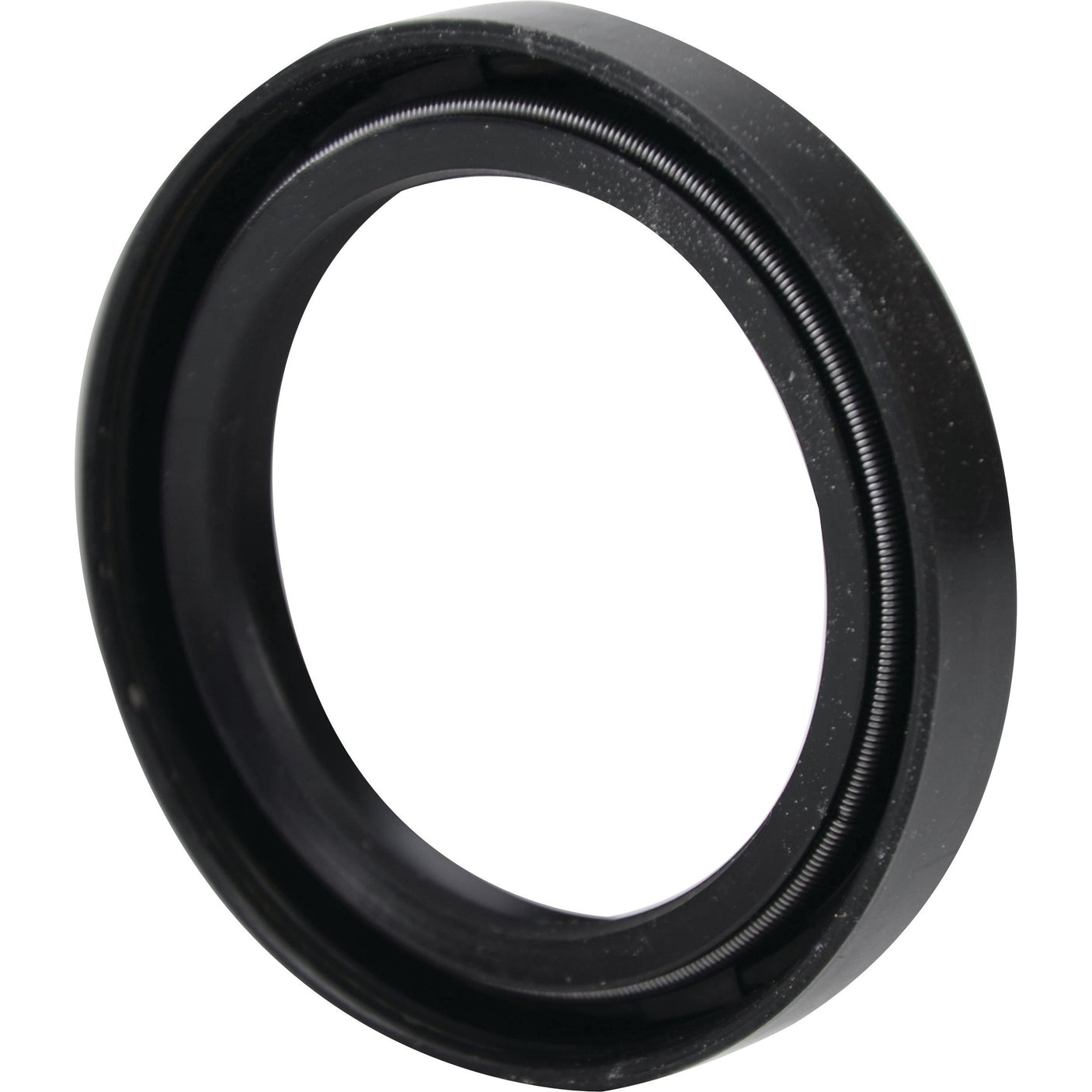 A close-up image of a black Sparex S.108415 mechanical seal ring with an internal spring, compatible with Case IH machinery.