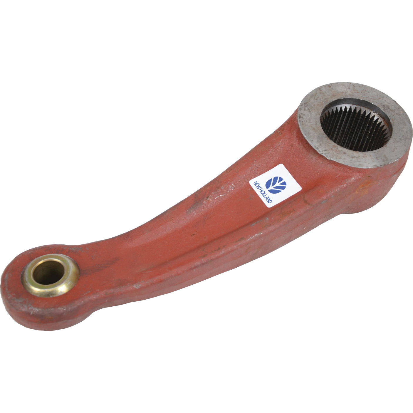 A red metal hydraulic lift arm with a cylindrical opening on one end and a smaller round hole on the other, featuring a blue and white Sparex sticker with a logo. This is the Hydraulic Lift Arm with Sparex Part No.S.108417 by Sparex.