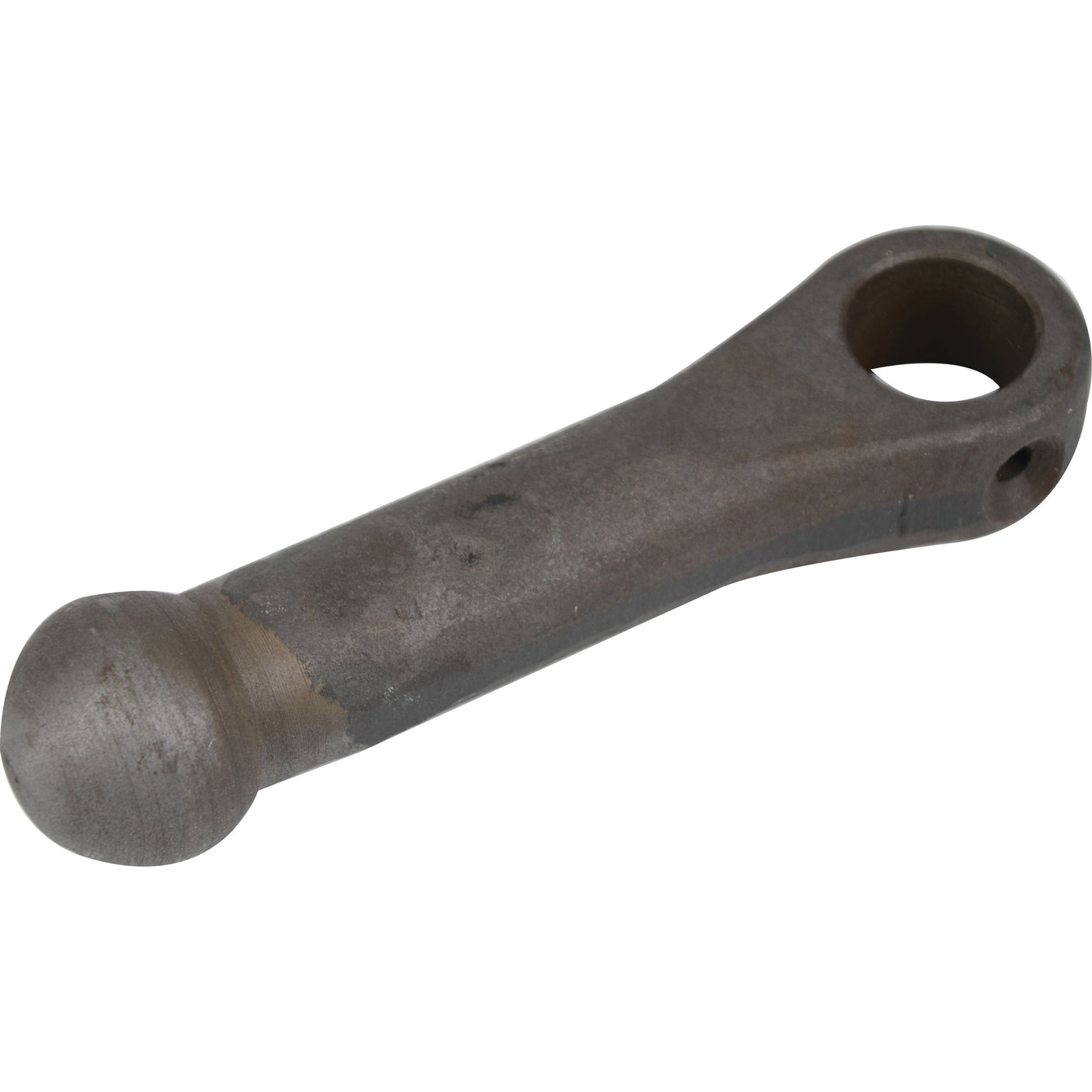 The Sparex Hydraulic Piston Push Rod (Sparex Part No. S.108422) is a metal lever arm with a spherical end and a circular hole at the other, commonly utilized in Case IH machinery or mechanical systems.