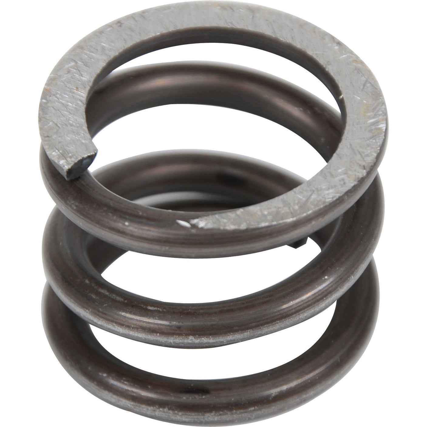 A close-up of a metallic compression spring with four coils and a flat cut on both ends, commonly known as the Sparex Spring (Part No. S.108433), widely used in Farmall tractors for reliable performance.