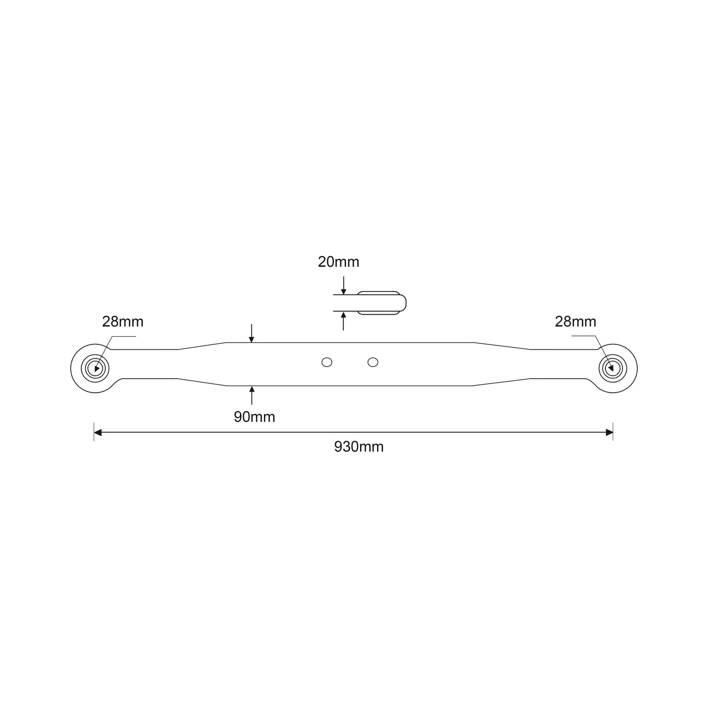 A technical drawing illustrates the Lower Link Lift Arm (Sparex Part No. S.108577), featuring dimensions of a 930mm total length, 90mm width, and 28mm ends. This component is compatible with Fiat 70-56 models and specifically highlights a Ball Bore Ø of 28mm for precision fitting on both the right-hand (RH) and left-hand (LH) sides.