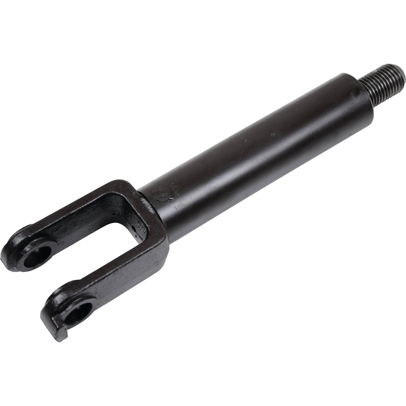 A Levelling Box Fork - M27x3 Metric (Sparex Part No. S.108581) from Sparex, designed as a black metal hydraulic cylinder with a forked end and threaded top, suitable for Fiat tractor parts.