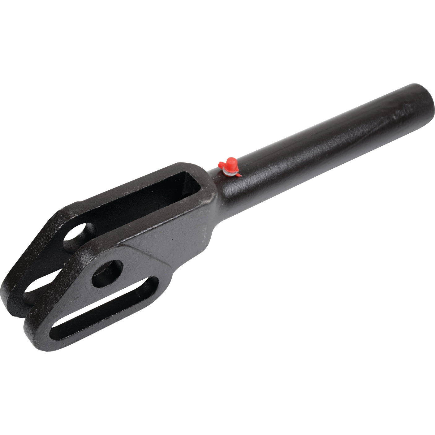 The Levelling Box Fork - M27x3 Metric by Sparex (Part No. S.108583) is a black metal clevis pin with a cylindrical handle and two parallel openings on one end, suitable for use in Sparex Fork implements or compatible with Fiat and Case IH machinery.